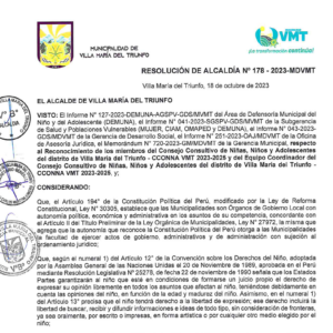 Resolución Alcaldía N° 178-2023 – MDVMT – Reconocimiento de los Miembros del CONNA